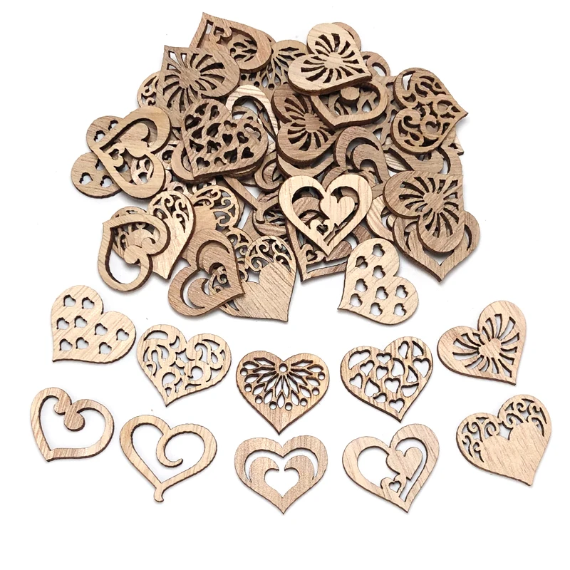 50pcs Heart Natural Wood Chips Openwork Wooden DIY Crafts Scrapbook Embellishments Hanging Ornaments Wedding Party Decor