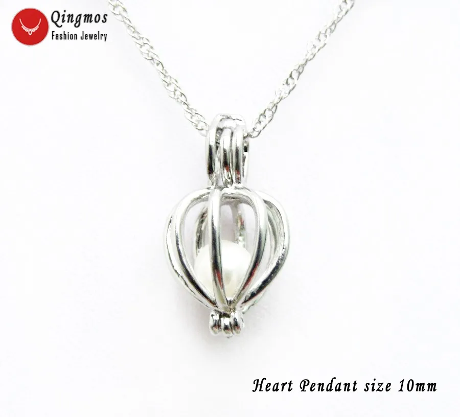 Qingmos Wish Pearl Heart Pendant Necklace for Women With Cage Holder Pendant Love Pearl Necklace Oyster Chain Chokers Gift Box