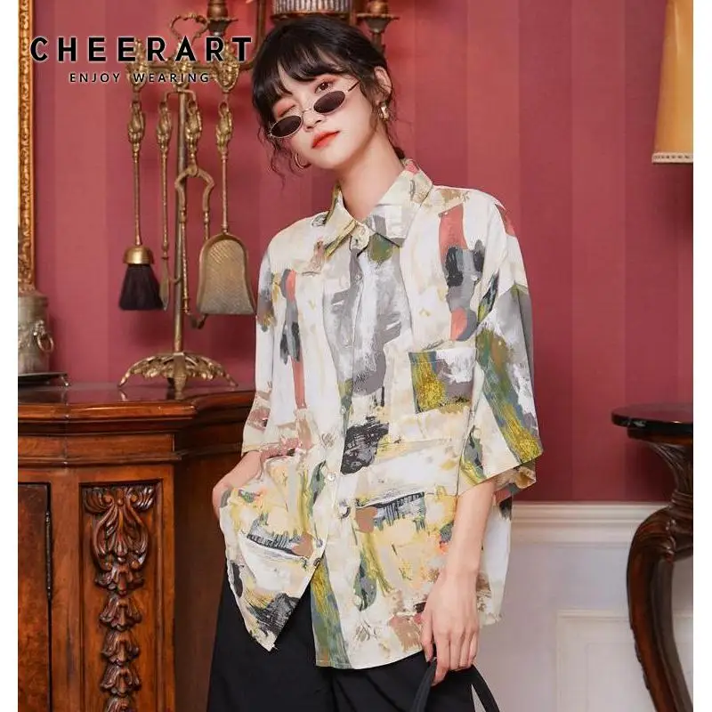 CHEERART Summer Short Sleeve Shirt Women Tops And Blouses Button Up Loose Korean Shirt Fashion Print Blouse 2020