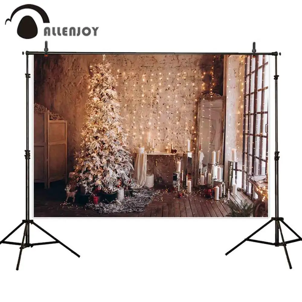 Allenjoy Lights Backrgound Photozone Christmas Tree Window Candles Backdrop Wooden Floor New Year Hallooween Festival Photophone