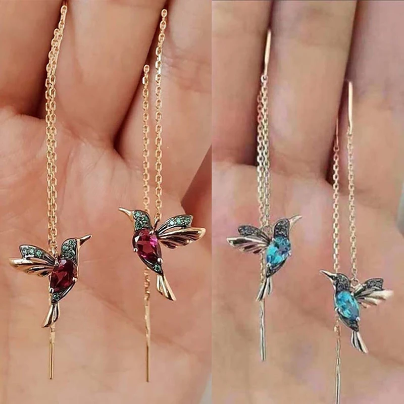 1 Paar Unieke Lange Oorbellen Vogel Hanger Kwastje Kristal Hanger Oorbellen Dames Sieraden Ontwerp 2 Kleuren Hummingbird Oorbel