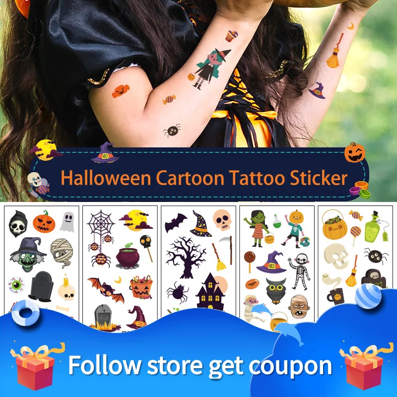 

10PCS Halloween Cartoon Tattoo Sticker Waterproof Temporary Body Transfer Pumpkin Lantern Candy Ghost Children Kid Toy Gift Adul