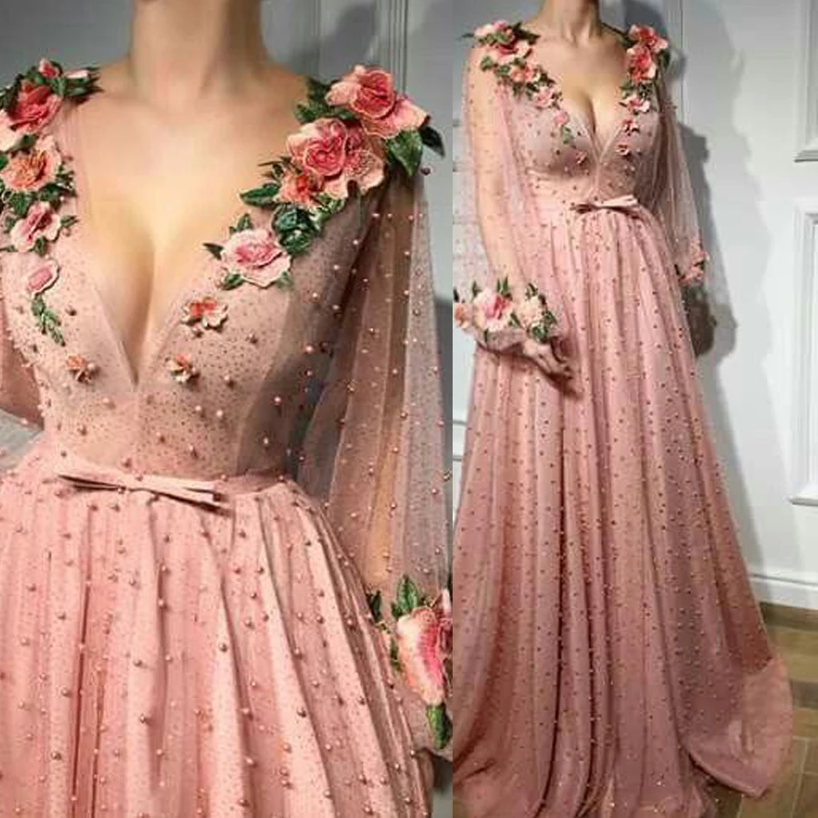 A-line Prom Dresses V neck Pink Long Prom Dress Evening Dresses With 3D Flower Long Sleeves Evening Gowns