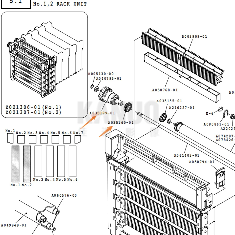 Unidad de engranaje Noritsu Minilab para QSS 2901/2601/2901/3001/3011/3021/3300/3201/3401/3501/3502/NO.1, Sección de 2 estantes A035199 A035160