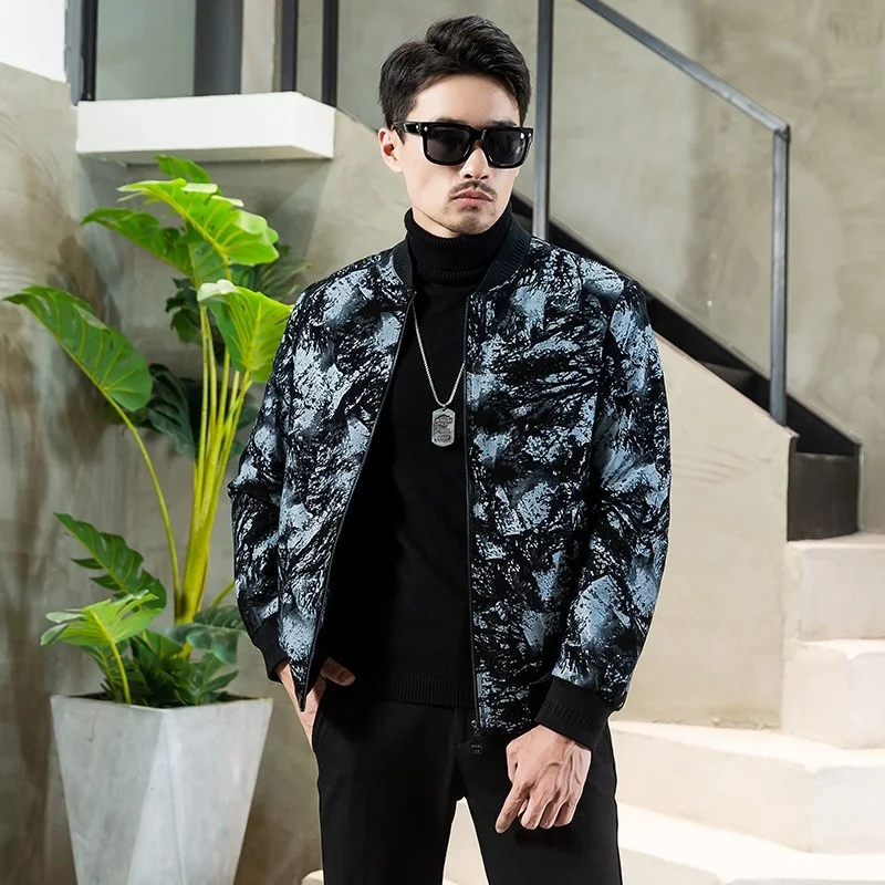 

Genuine Mens Leather Bomber Jacket Spring Autumn Fashion Printing Coat Stand Collar Baseball Jackets Loose Fit Casual Outerwear