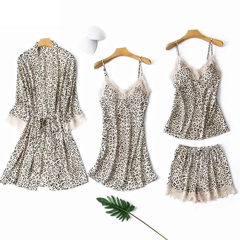 

Leopard Sleepwear Sexy 4PCS Robe Sets For Women Pajamas Satin Nightwear Intimate Lingerie Casual Kimono Gown Lounge Wear