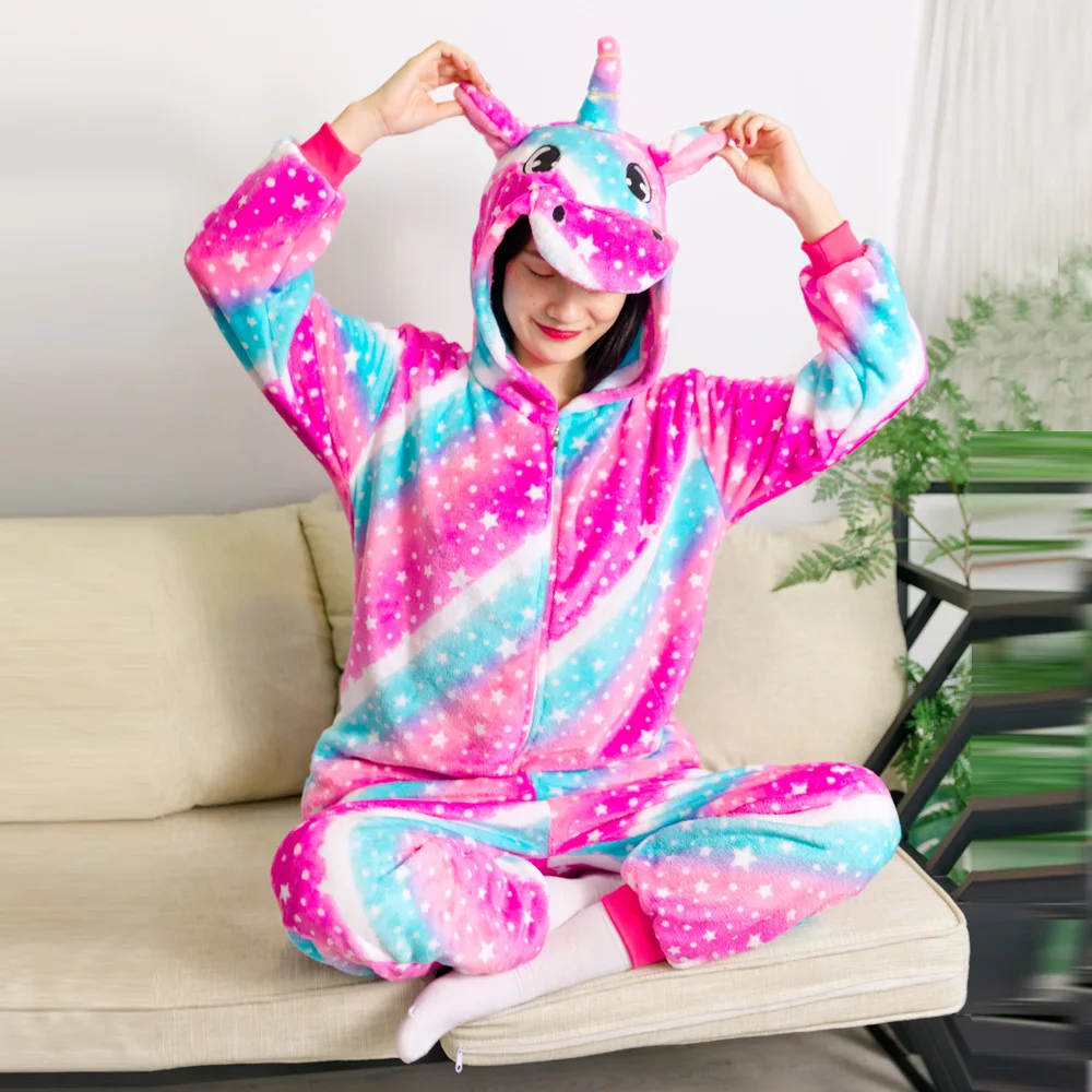 Unisex Adults Unicorn Pajamas Onesies Plush Fleece Unicorn Animal Costume Flannel Cosplay One Piece Sleepwear Halloween Dress Up