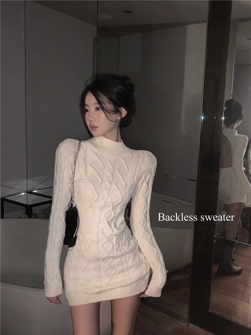 Hollowed Back Female Sweater Slim Fit Long Sleeves Wrap Hip Mini Knit Women\'s Sweater Dress Sexy Lady Backless Knitted Pullovers