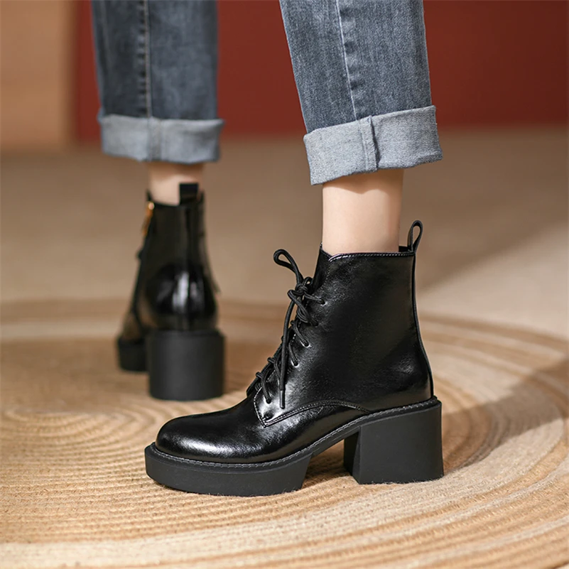 Meotina Women Shoes Genuine Leather Ankle Boots Platform Thick High Heel Boots Round Toe Zipper Lady Footwear 2021 Autumn Winter