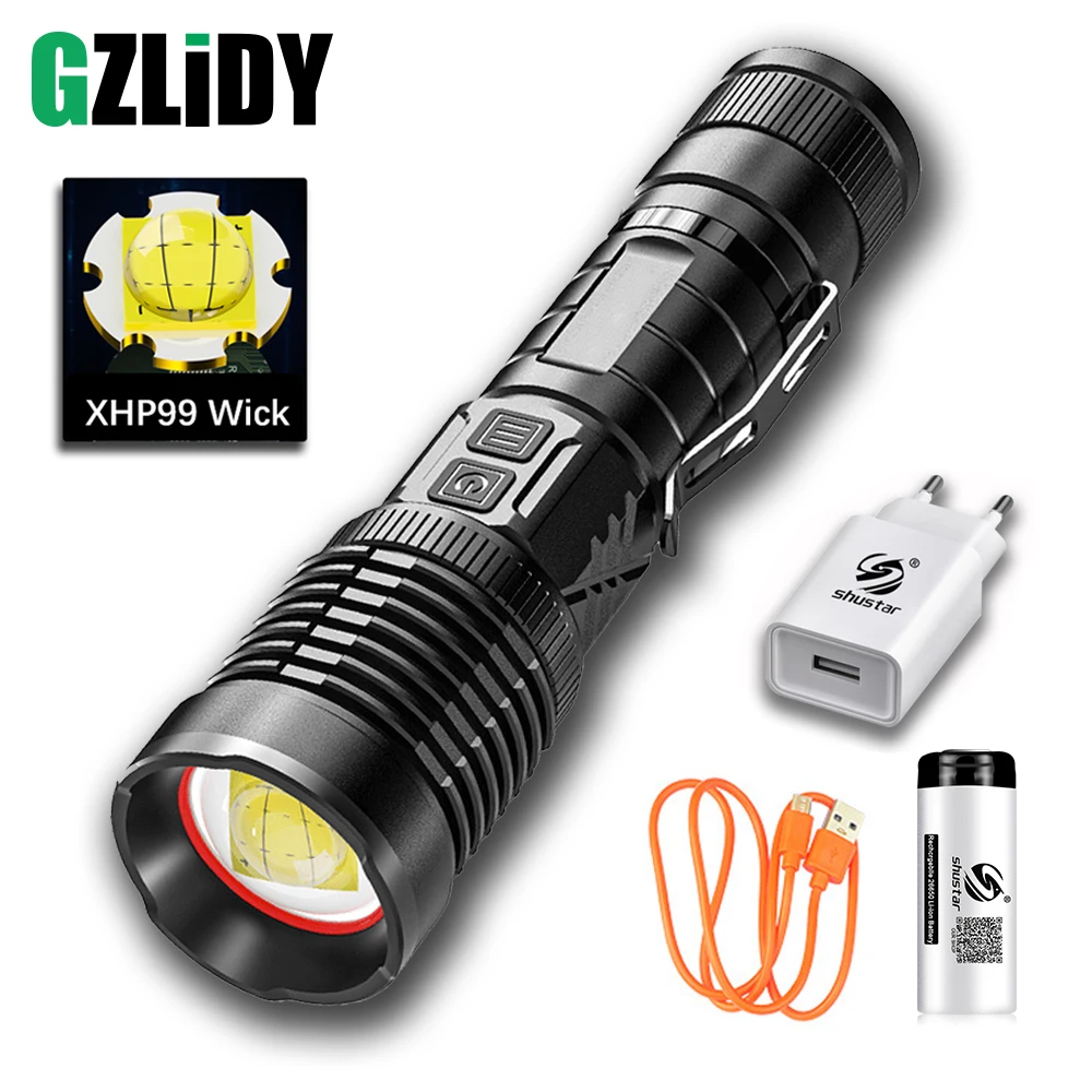 Powerful XHP99 LED Flashlight Zoom USB Rechargeable Torch with Smart Switch Waterproof Camping Lantern 18650 Bicycle Light