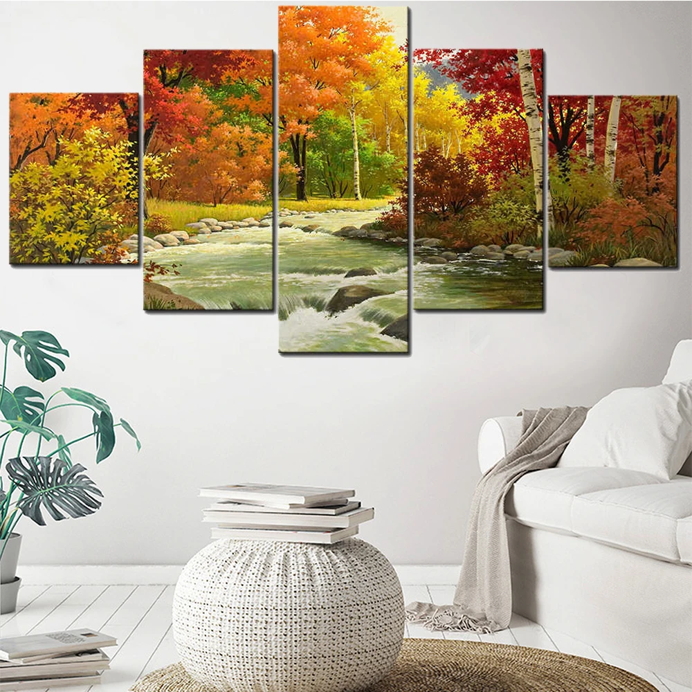 

5 Pieces Wall Art Canvas Painting Landscape Poster Mountain Stream Modern Living Room Bedroom Home Decoration Framework Modular