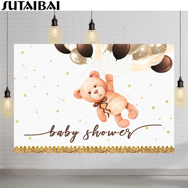 Flying Bear Baby Shower Backdrop Glitter Gold Dots Balloons Welcome Baby Lovely Photography Background Party Decor Photo Booth