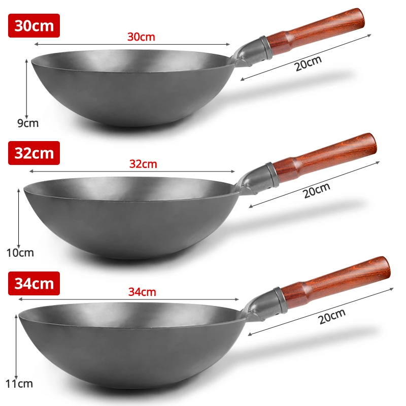 30/32cm Iron Wok  Chinese Traditional Iron Wok with Detachable Wood Handle Frying Pan Un-coated  Pot Non-stick Pan Gas Cooker