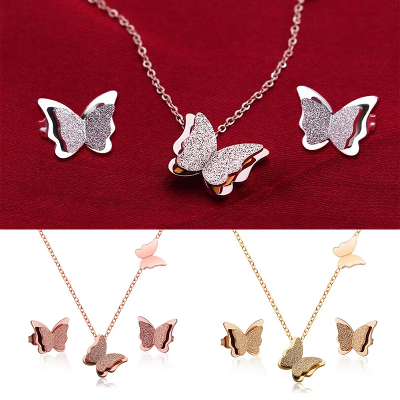 

Luxury Stainless Steel Jewelry Sets Romantic Matte Butterfly Necklaces Earrings Animal Choker Wedding Bridal Accessories