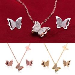 Luxury Stainless Steel Jewelry Sets Romantic Matte Butterfly Necklaces Earrings Animal Choker Wedding Bridal Accessories