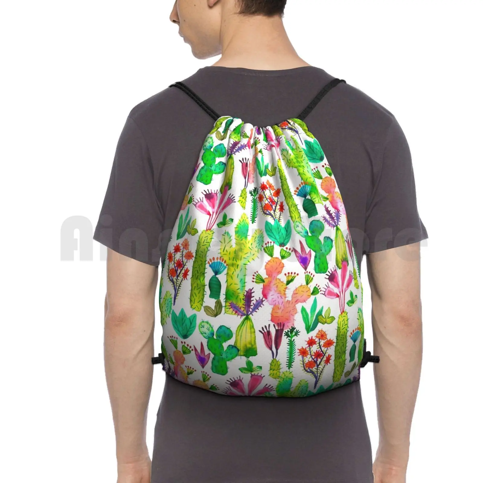

Cacti Garden Backpack Drawstring Bag Riding Climbing Gym Bag Cacti Garden Plants Green Watercolor Colors Cute Patterns