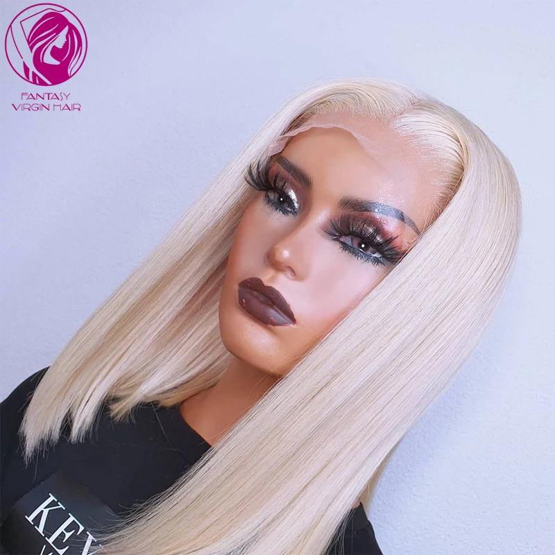 Platinum Blonde Lace Front Wig Straight Bob Virgin Real Human Hair Frontal Wigs Pre Plucked 13x4 Grey Colored Bleached Knots