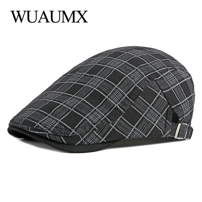 Spring Summer Men's Hats Plaid Berets Hat Women Thin Breathable Cotton Visors Herringbone Cap Artist  Checked Forward Cap