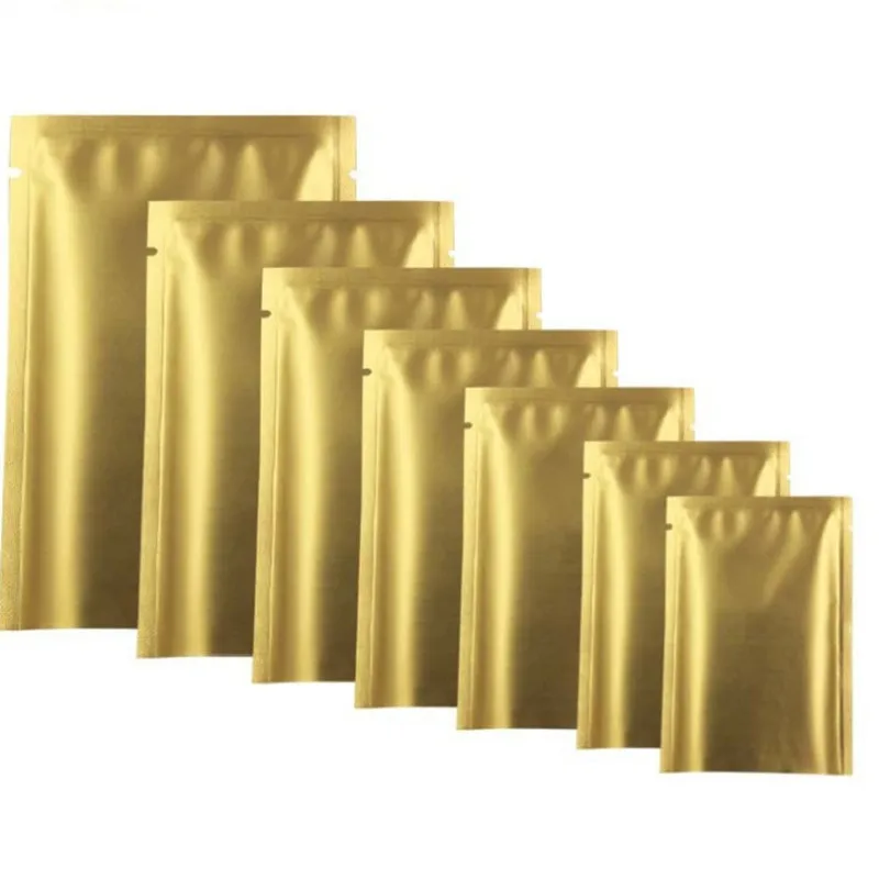 300 SZT. Nowe, otwarte od góry, matowe, złote torebki z folii aluminiowej do pakowania kawy, ziół, koralików, tipsów do paznokci, próbki, zgrzewane na ciepło. — zdjęcie 2