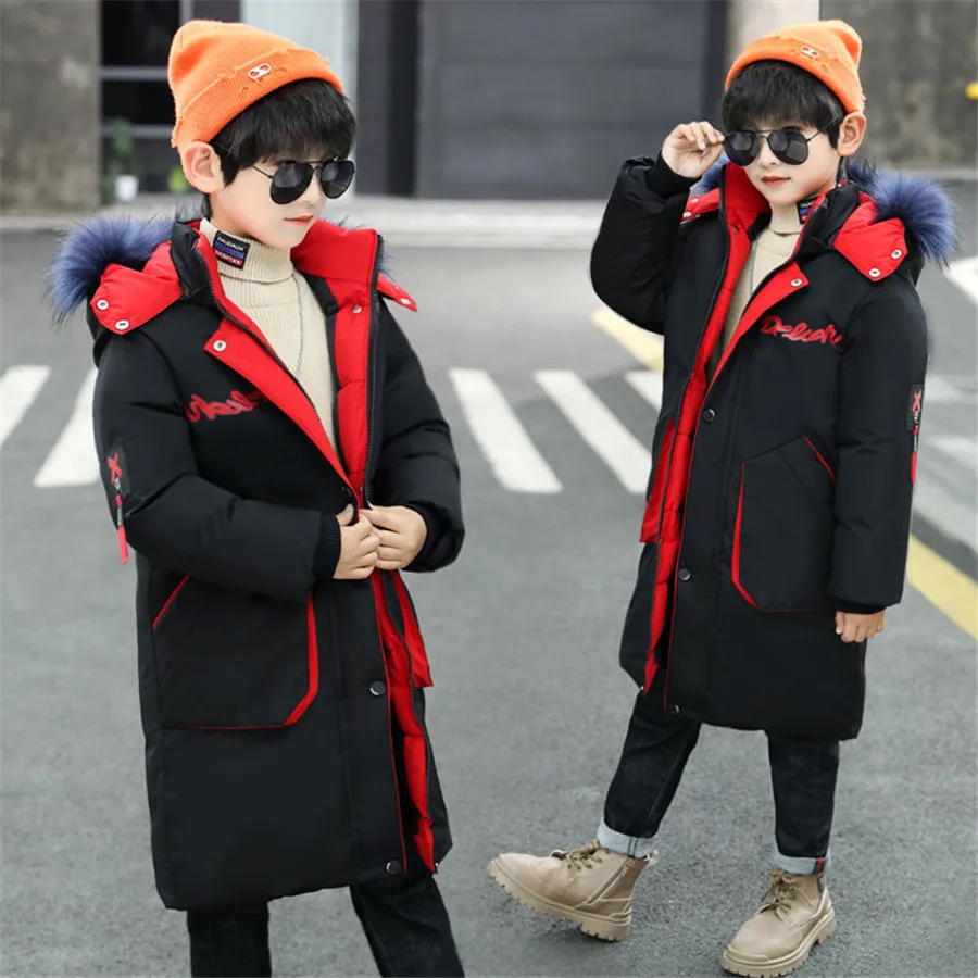 NEW Children warm Thicken clothing Boy clothes Winter Down Jackets 5-15 years Parka Hooded faux fur Coat Kids Teen Snow snowsuit