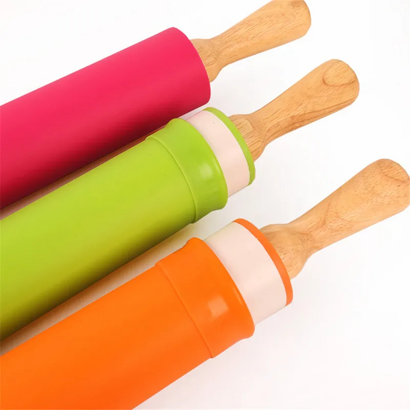 

1 Pc Silicone Roll Cut Mat Wood Handle Rolling Pins Cutting Pad Fondant Cake Dough Baking Tool