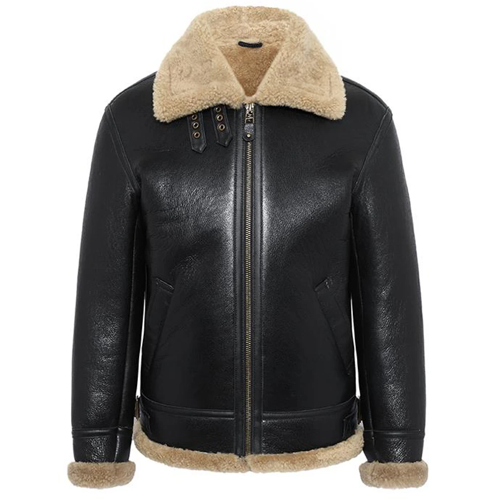 Shearling Jacket Mens B3 Bomber Jacket Short Leather Jacket Mens Winter Coats Fur Jacket Black Color