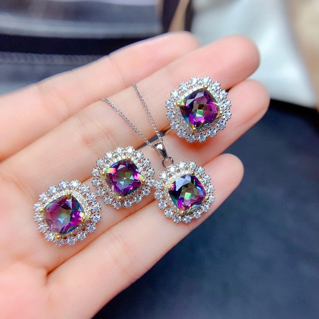 Seven-Colors Charm Purple Crystal Silver Color Jewelry set for Women Blue Crystal Zircon Stone Earring Necklace Pendant Ring