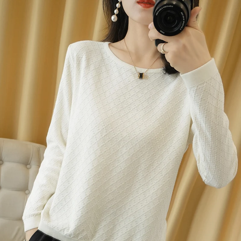 Tailor sheep cotton knit sweater women\'s o-neck long-sleeved knit pullover short split openwork sweater