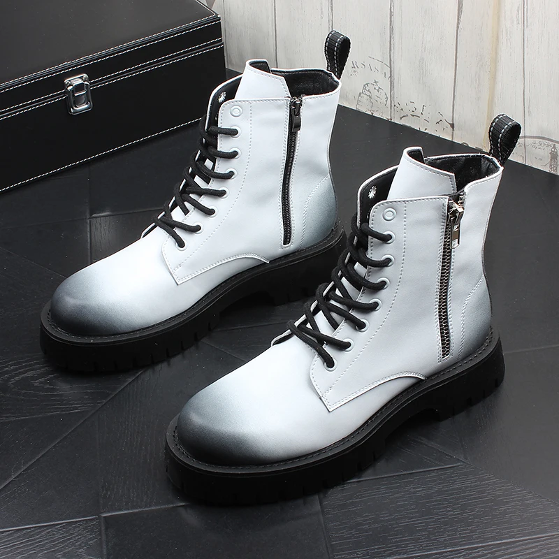 

England style men luxury fashion party nightclub dress motorcycle boots black white cow leather shoes platform boot short botas