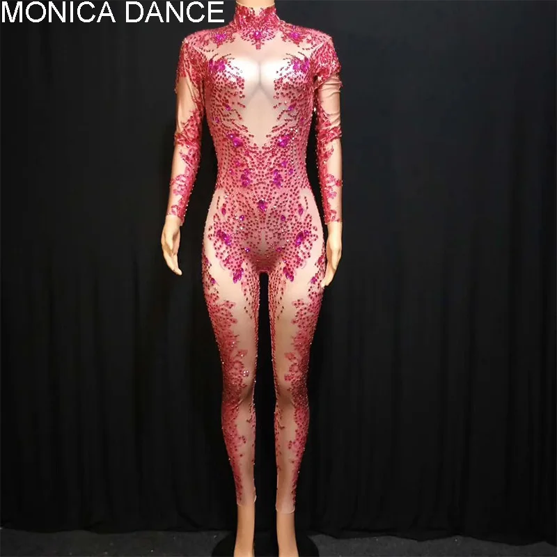 Women Sexy Stage Rose Stones Sparkly Jumpsuit Spandex Stretch Shining Dance Costume Nightclub Outfit Party Leggings Bodysuit