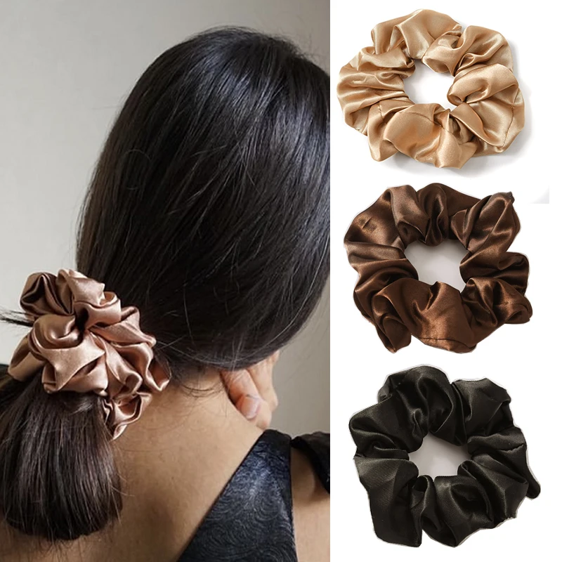 AccMAX New Hot Sale Solid Plain Color Silk Satin Scrunchies High Quality Elastic Hair Bands for Women Accessories