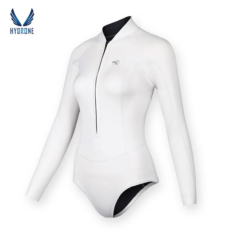 SaveOcean White Spring Suit Women‘s Freediving Wetsuit 2mm Neoprene Long Sleeve Front Zipper Bikini Bodysuit Surf Suit Swimwear