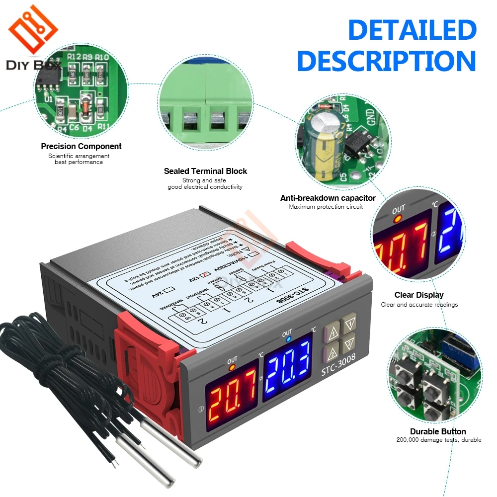 STC-1000 3000 3008 Dual LED Digital Thermostat Temperature Controller  DC 12V 24V AC 110V 220V Heating Cooling Regulator