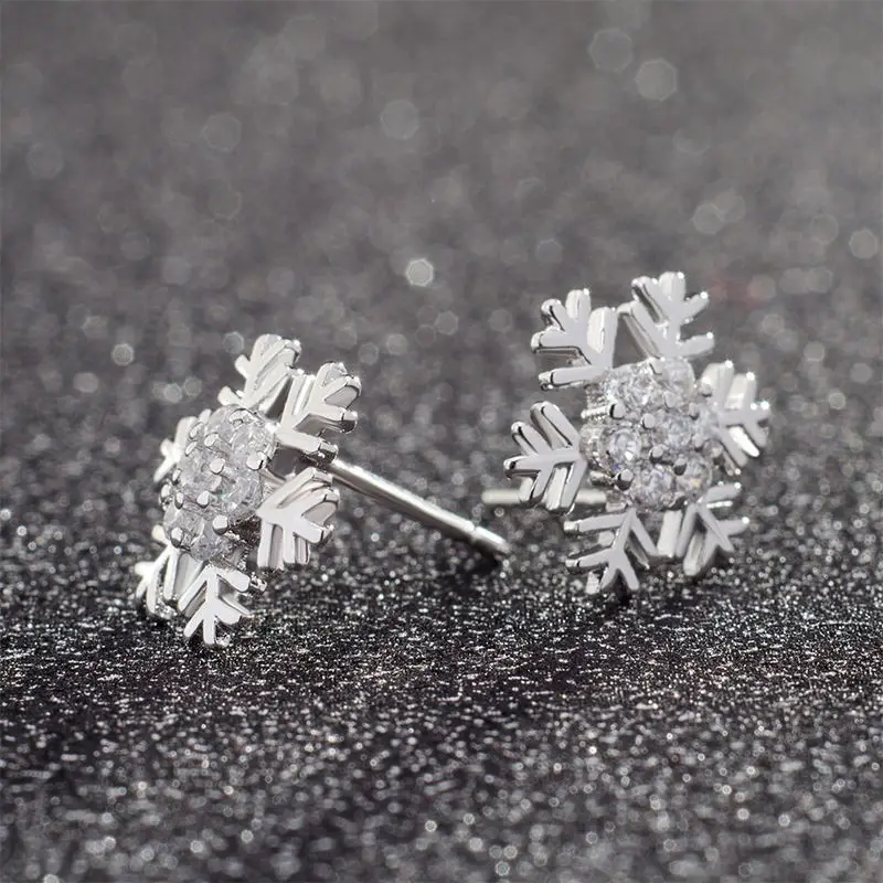 S925 Silver Earrings Female Sweet Diamond Snowflake Earrings Lovely Little Earrings Christmas Earrings Dainty Korean Jewelry