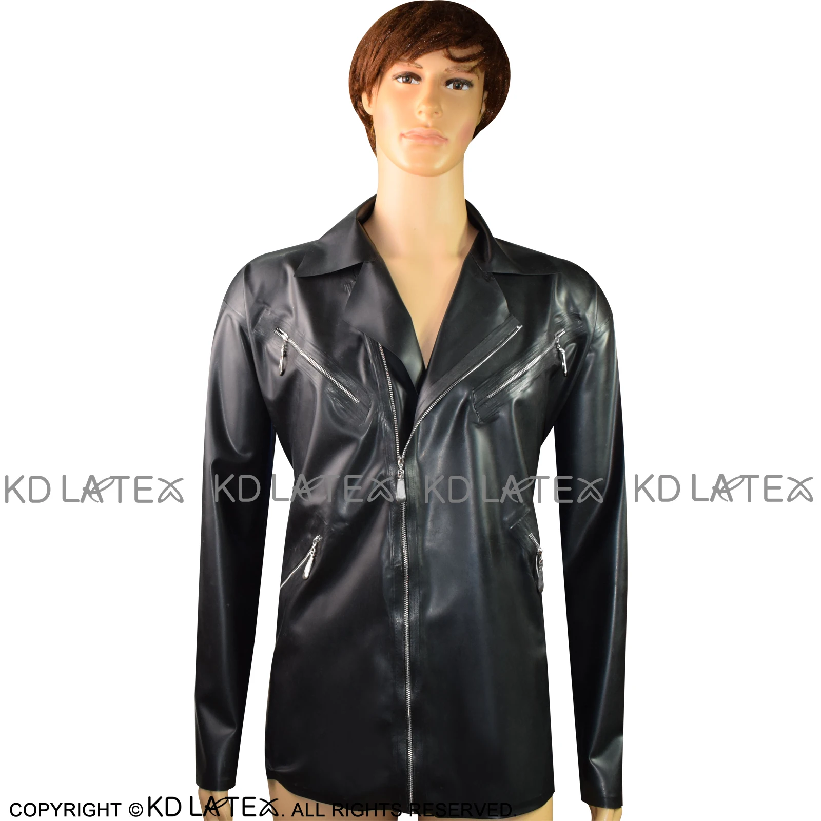 Black Sexy Latex Jacket With Decoration Zipper And Front Zip Turn Down Collar Rubber Coat YF-0055