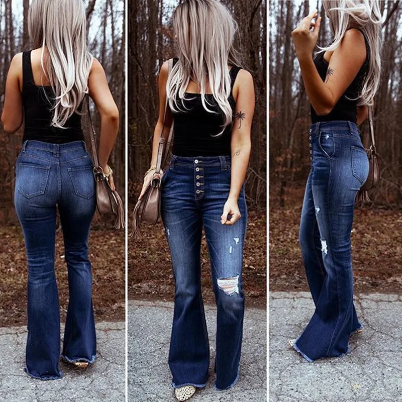 2021 New Women High Waist Ripped Flare Jeans Fashion Elastic Denim Boot Cut Pants Street Casual Jeans Top Quality S-2XL