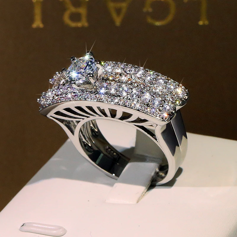 2021 الاتجاه الجديد أنيقة كريستال الجولة الزركون 2 قطعة حلقة مجموعة S925 فضي اللون المشاركة مجوهرات الزفاف للنساء بالجملة #5