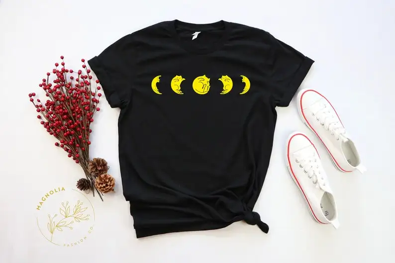 Moon Phases with Cat, Lover Shirt 100% Cotton Kawaii Fashion Shirt Plus Size O Neck graphic Mama Short Sleeve  y2k Drop shipping