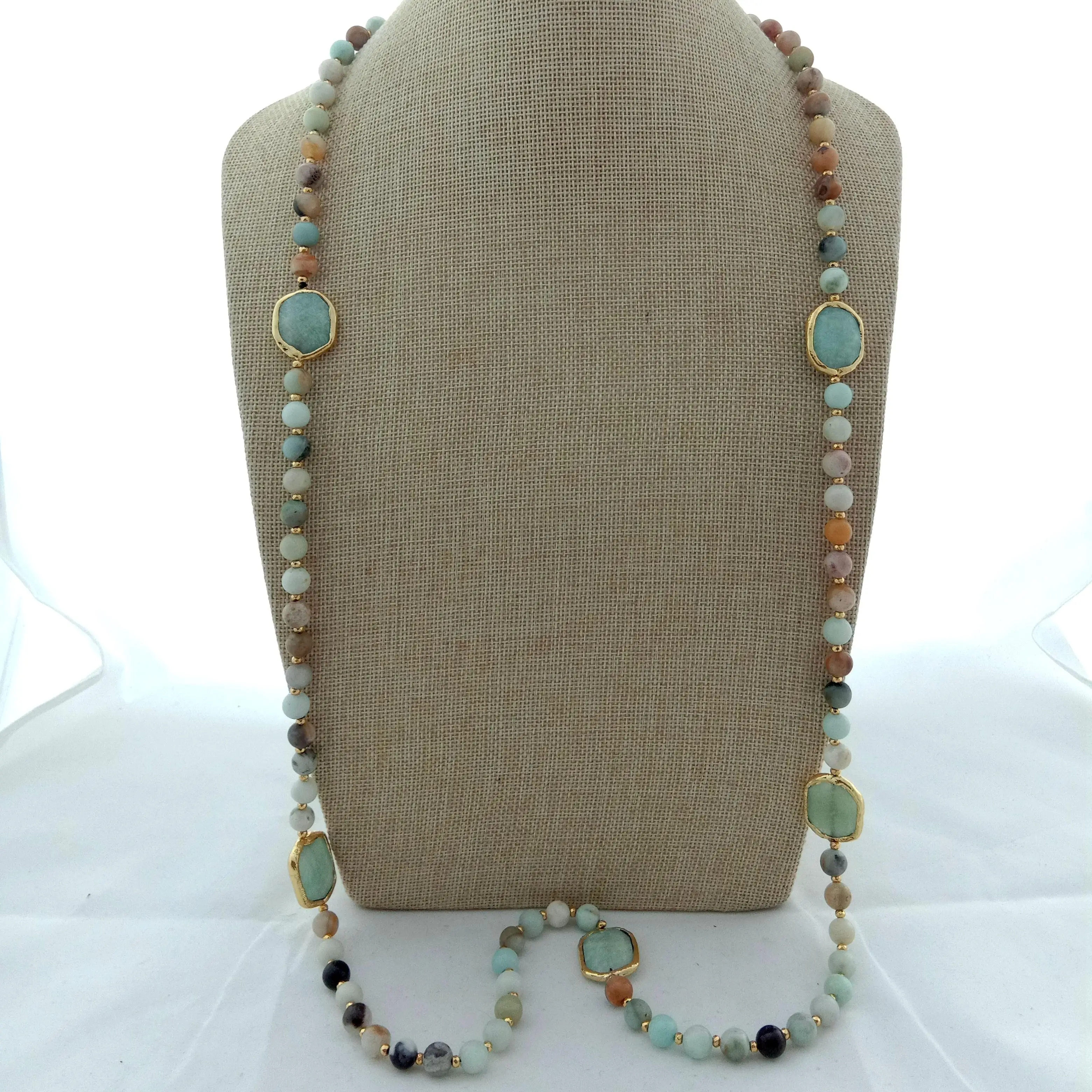 42\'\' 8mm Mixed Color Amazonite Gold color Plated Amazonite  Nugget long Necklace sweater chain necklace for women