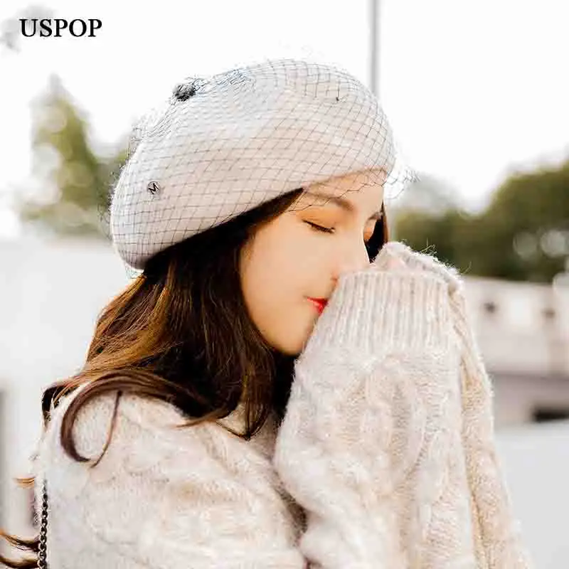 USPOP  women wool berets female thick winter hats letter M mesh yarn beret solid color vintage warm has