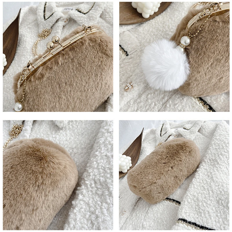Frame Plush Bags For Women 2022 Winter New Pearl Chain Fluffy Bag Solid Furry Crossbody Shoulder Bags Clutch Faux Fur Bag Ladies
