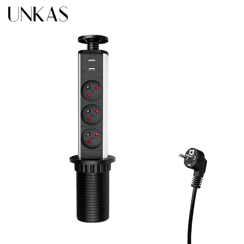 

UNKAS 16A PULL POP UP 3 Power French Socket New Black Color Port Kitchen Table Desktop Dual USB Retractable Countertops Plug