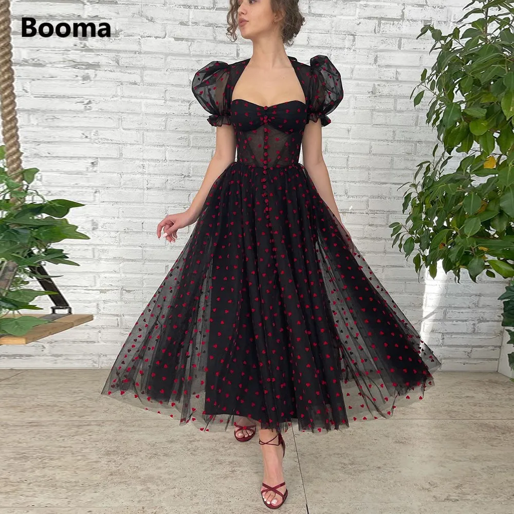 Booma Red Hearts Black Tulle Midi Prom Dresses Short Puff Sleeves Tea-Length Formal Prom Gowns Evening Party Gowns Customized