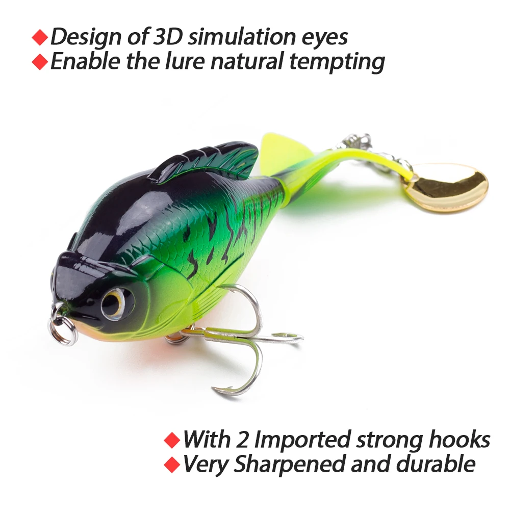 Hanlin Rotate Tail Popper Lure 9.7cm/16.6g Topwater Wobble Fishing Lures Crankbait Artificial Bait Hard Bass Pike Tackle