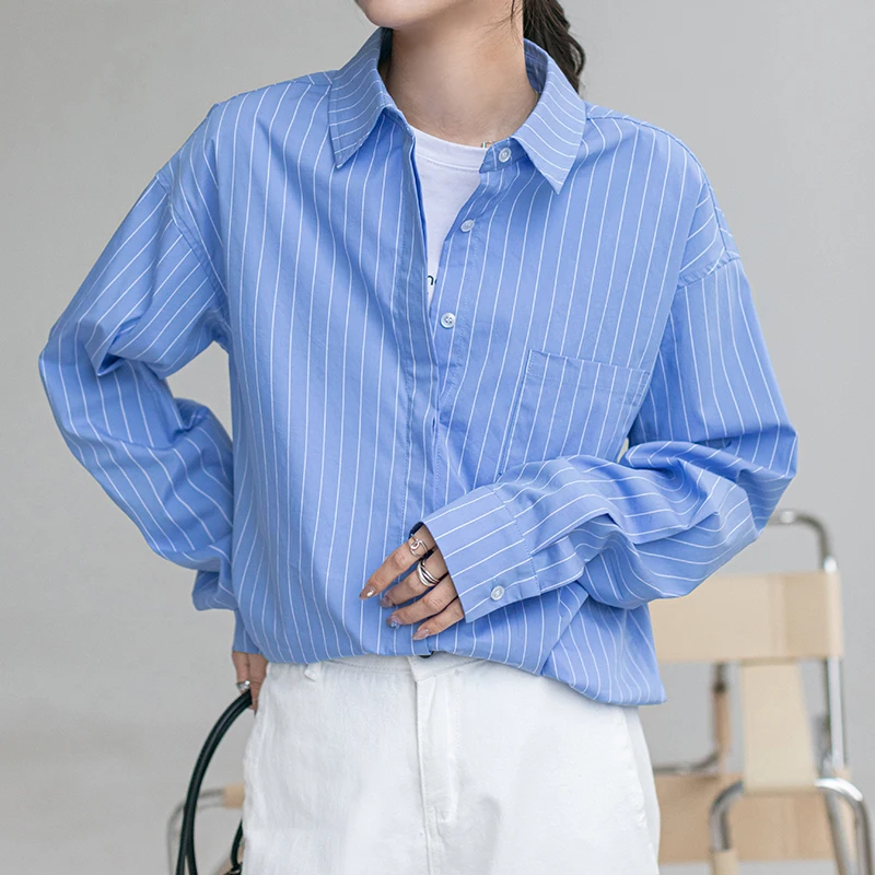 

Blouse Women Casual Blue Striped Top Shirts Blouses Female Loose Blusas Autumn Fall Casual Ladies Office Long Sleeve Blouses