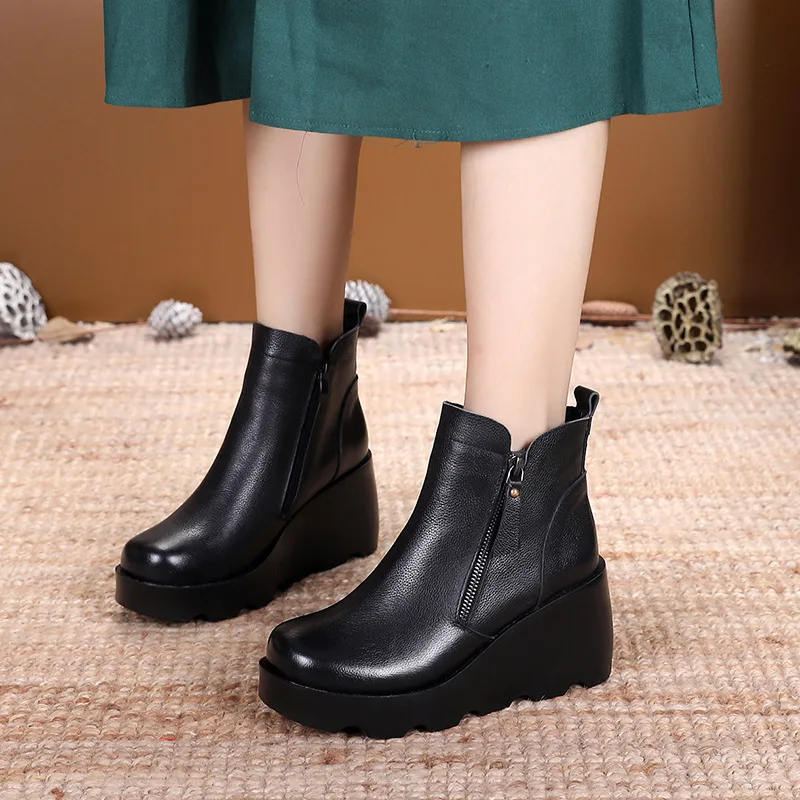 Xiuteng  Short Boots Female National Style Retro Women\'s Boots 2022 Winter New Leather Boots Wedge With Thick Sole Flat Shoe