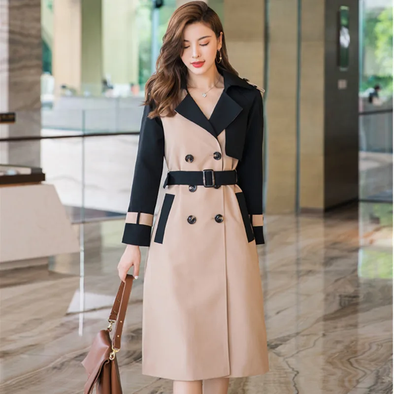 

Spring Autumn Trench Coats Splice Colour Clothes Slim fit Overcoat Long Sleeve 2021 New Femmes Windbreaker Female Outerwear