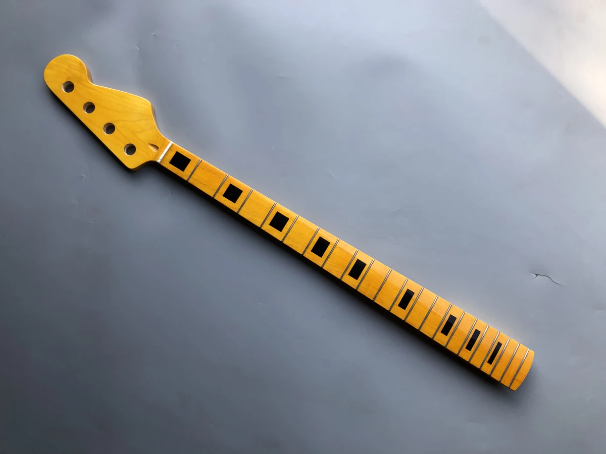 21 Fret 34 Inch 4 String Electric Bass Maple Guitar Neck Yellow Finished Gloss Rectangle BLACK BLOCK Inlay