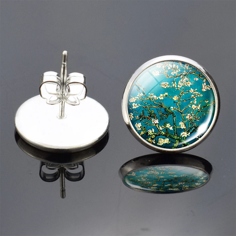 Trendy Van Gogh Statement Stud Earrings Art Oil Painting Picture Glass Cabochon Earrings for Women Jewelry Christmas Accessories