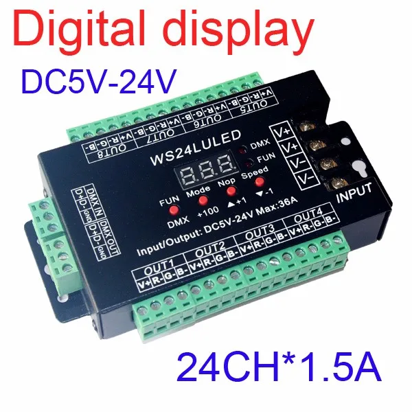 

DC5V-24V Digital display 24CH Easy dmx512 DMX decoder,LED dimmer each channel Max 3A 24CH*1.5A,24LU led 8 groups RGB controller